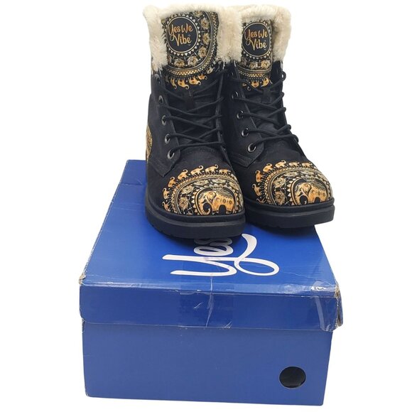 Yes We Vibe Women's size 9 Black Gold Vegan Leather Suede Fur Elephant Boots - Picture 1 of 15